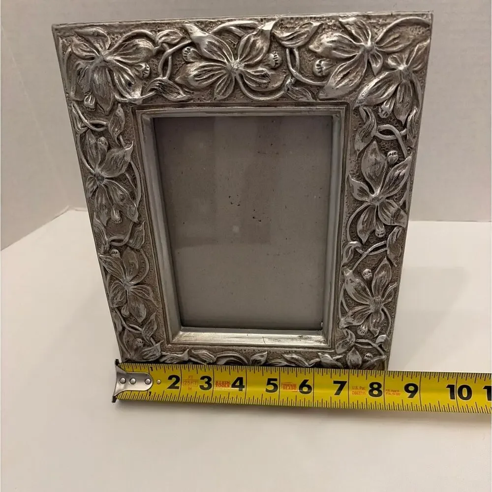 Six Trees Floral Picture Frame 5x7 Silver Tone Resin Cottage Farmhouse Decor